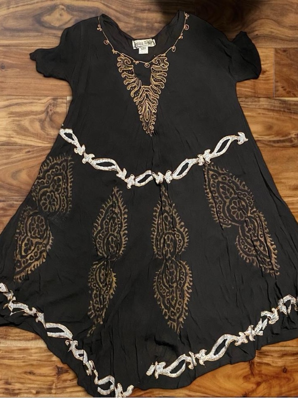 Vintage Black Asymmetrical Dress with Gold Accents - Jessica Taylor